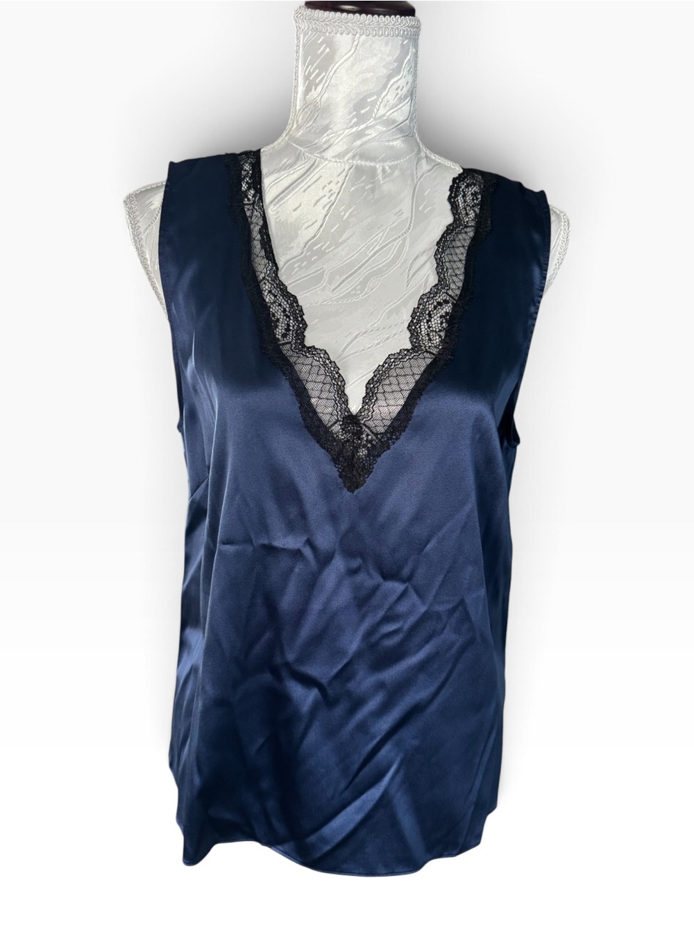 Generation Love Marie Silk Lace-Trim Tank in navy blue with black floral lace